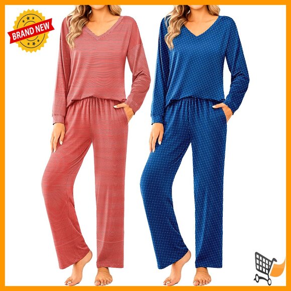 Long Sleeve V-Neck Pajama Set Soft Loungewear with Pockets Loose Fit